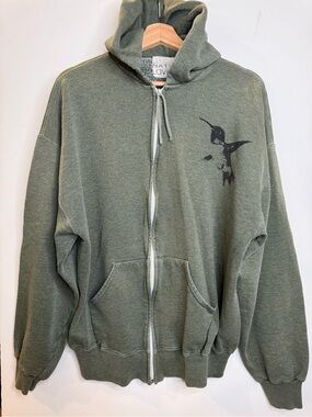freecity Olive Green Zip-Up Hoodie with Hummingbird Graphic